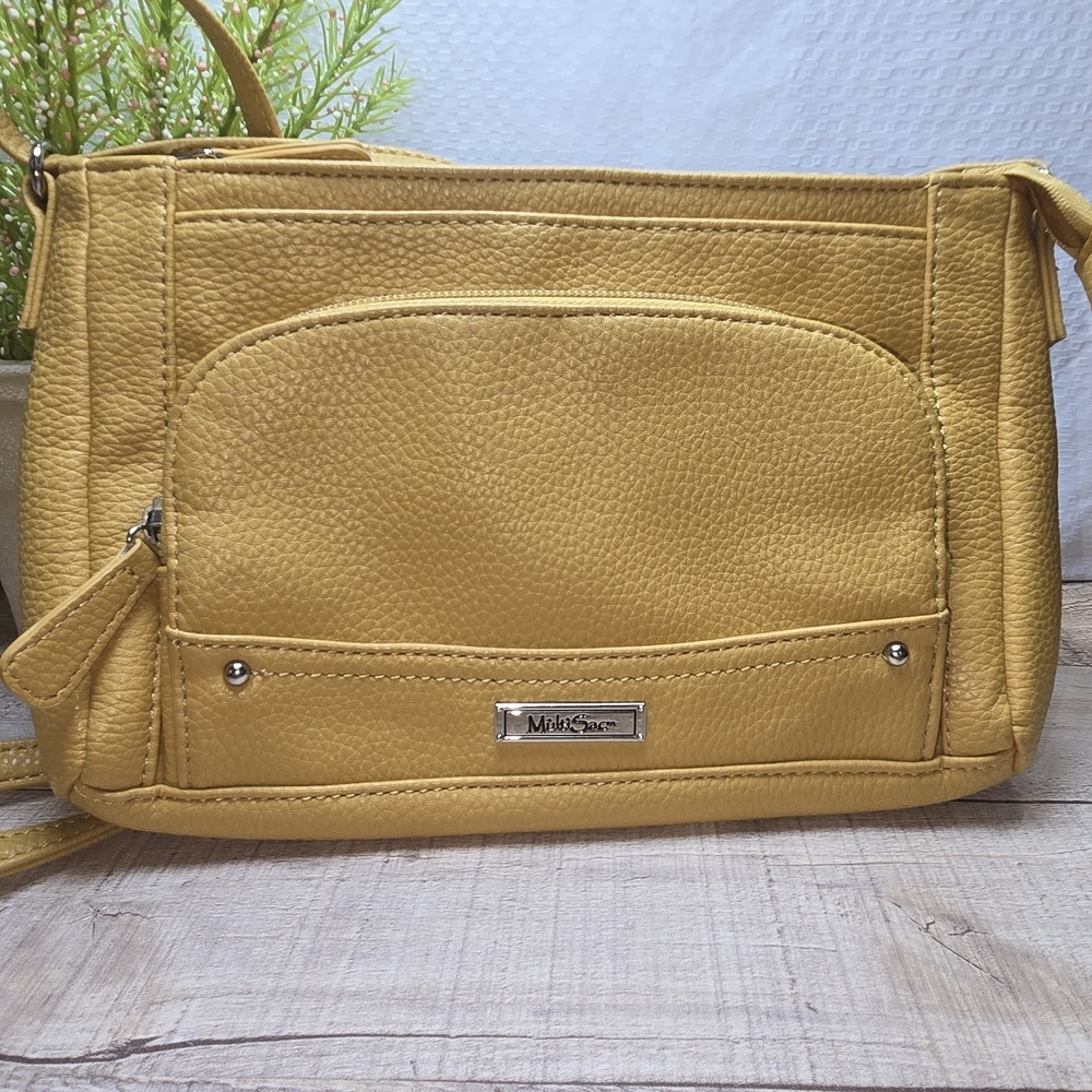 MULTISAC MUSTARD YELLOW CROSSBODY PURSE MULTIPLE COMPARTMENTS MID SIZED